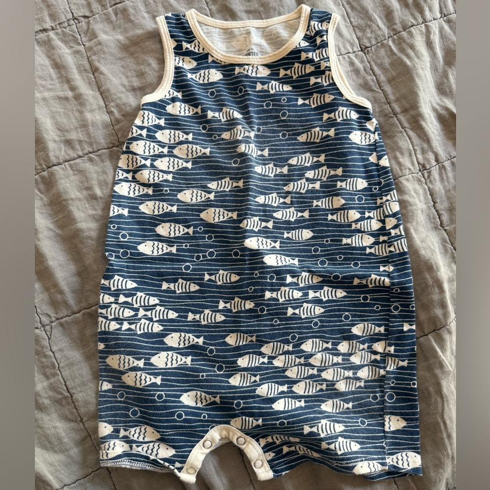 Navy and White Fish Print Baby Summer Tank Top Romper 12M